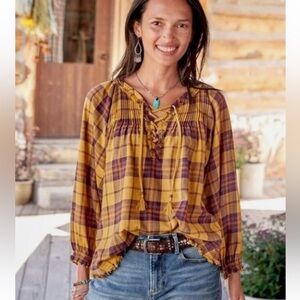 SUNDANCE PERFECTLY PLAID PEASANT TOP BLOUSE